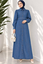 Full Length Buttoned Belted Shirt Collar Dress Denim Blue