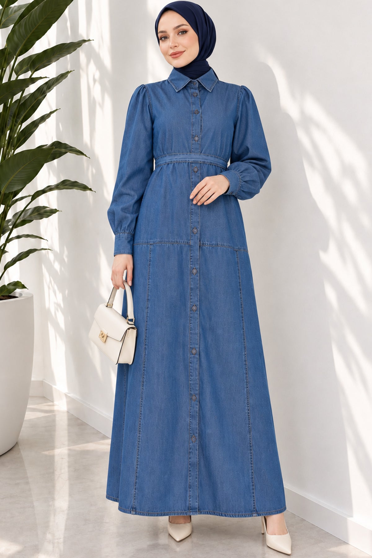 Full Length Buttoned Belted Shirt Collar Dress Denim Blue