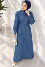 Full Length Buttoned Belted Shirt Collar Dress Denim Blue
