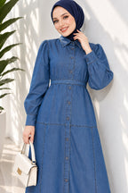 Full Length Buttoned Belted Shirt Collar Dress Denim Blue