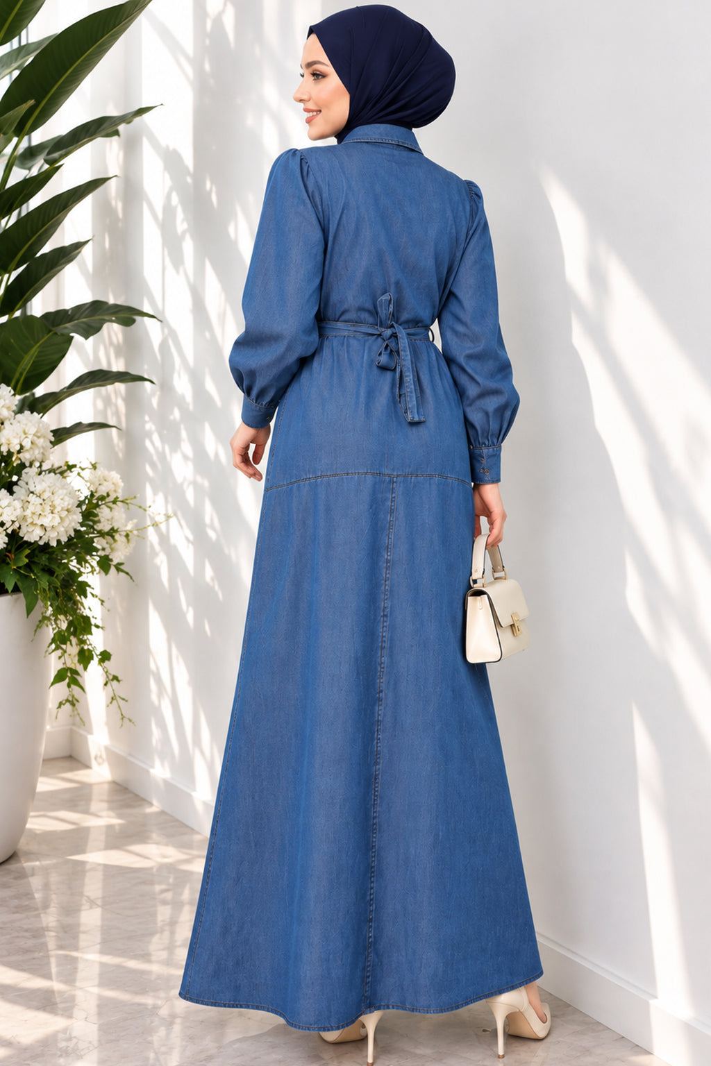 Full Length Buttoned Belted Shirt Collar Dress Denim Blue