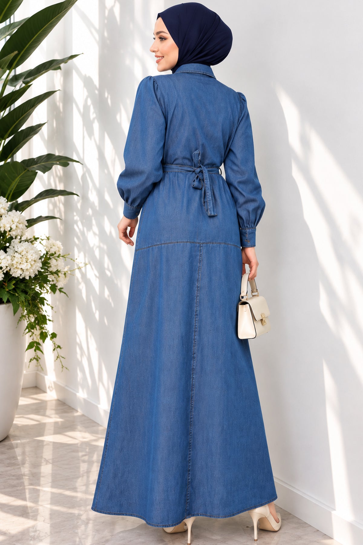 Full Length Buttoned Belted Shirt Collar Dress Denim Blue