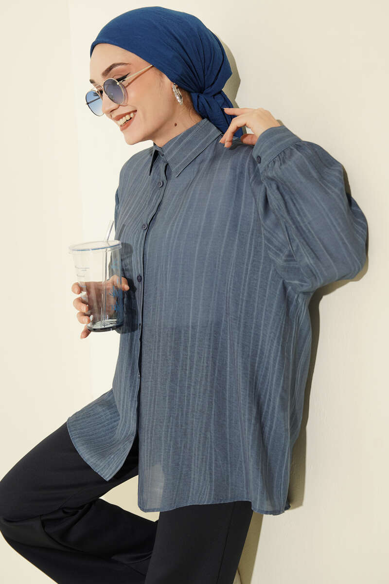 Kraşlı Oversize Gömlek İndigo