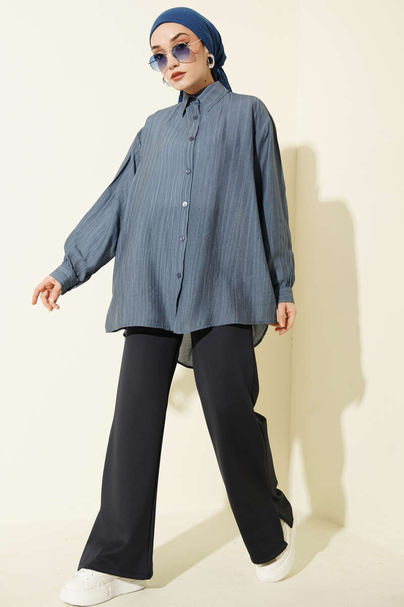 Kraşlı Oversize Gömlek İndigo