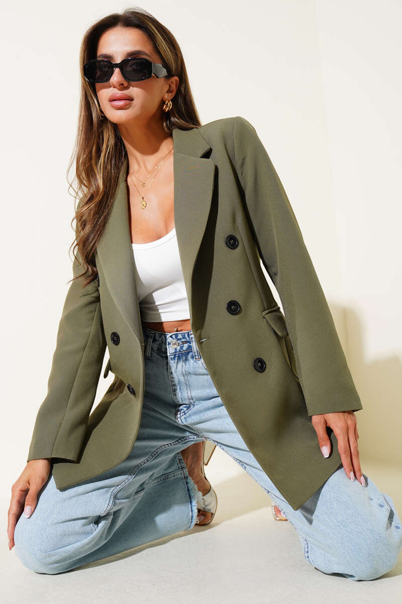 Kruvaze Yaka Düğmeli Astarlı Blazer Ceket