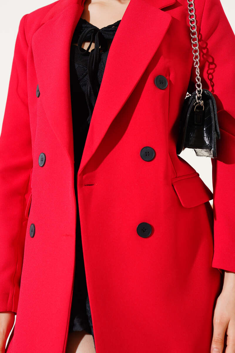 Kruvaze Yaka Düğmeli Astarlı Blazer Ceket Kırmızı