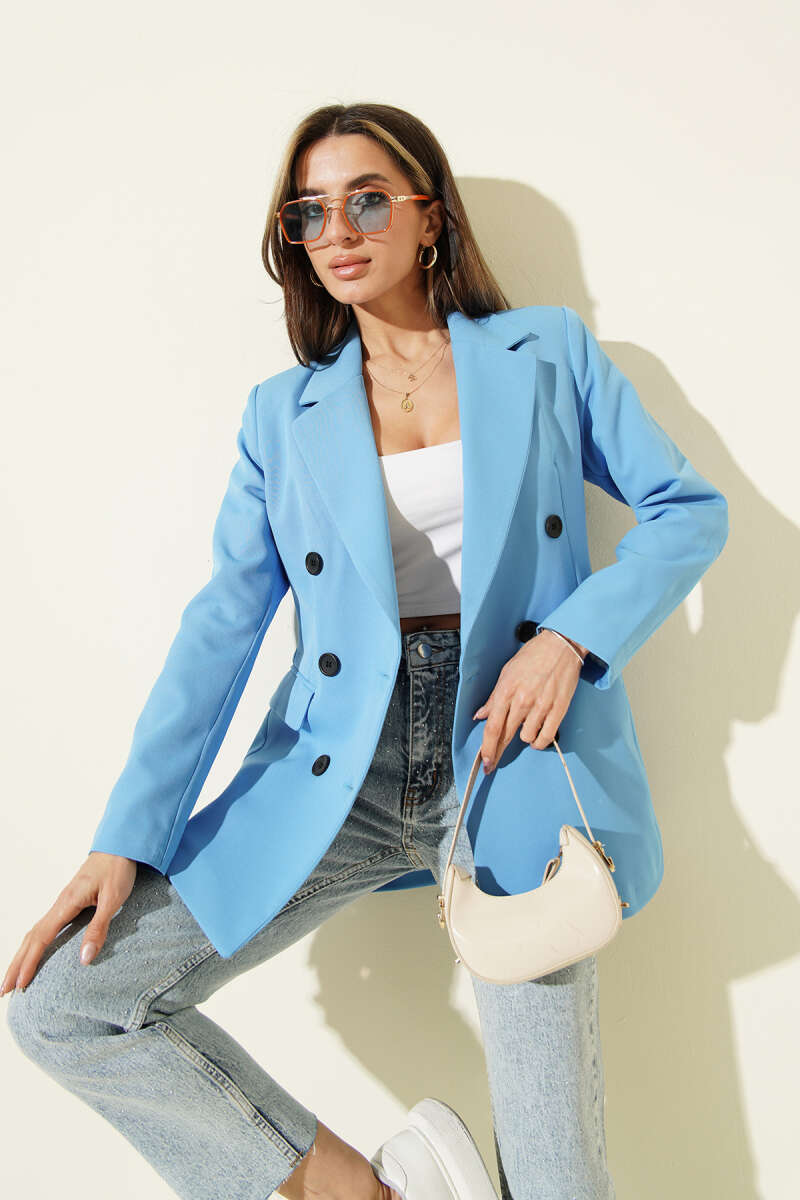 Kruvaze Yaka Düğmeli Astarlı Blazer Ceket Mavi