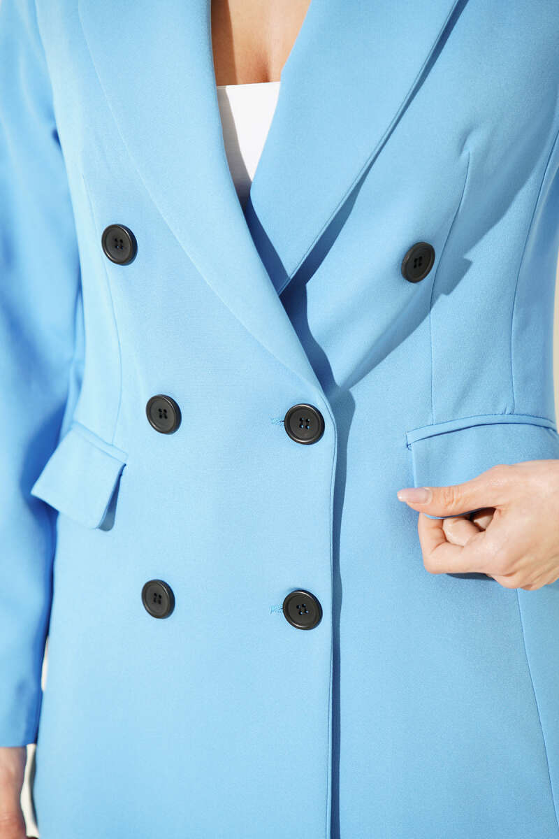 Kruvaze Yaka Düğmeli Astarlı Blazer Ceket Mavi