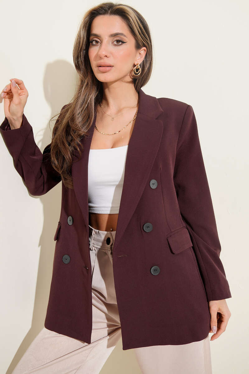 Kruvaze Yaka Düğmeli Astarlı Blazer Ceket