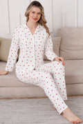 Kruvaze Yaka Kiraz Nakışlı Pijama Takımı