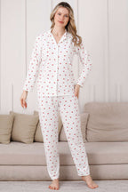 Kruvaze Yaka Kiraz Nakışlı Pijama Takımı