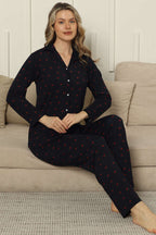 Kruvaze Yaka Kiraz Nakışlı Pijama Takımı Lacivert