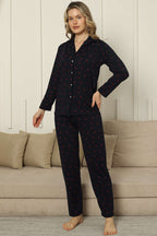 Kruvaze Yaka Kiraz Nakışlı Pijama Takımı Lacivert