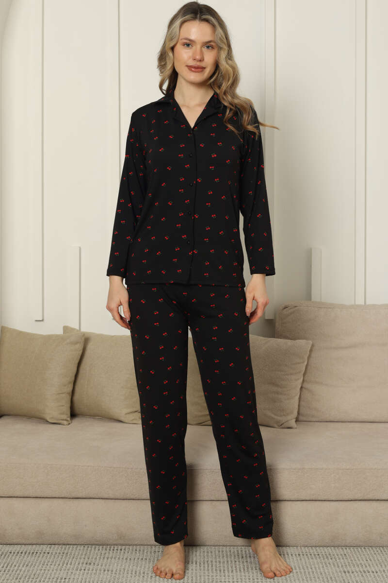Kruvaze Yaka Kiraz Nakışlı Pijama Takımı Siyah
