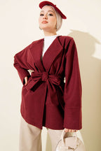 Kruvaze Yaka Kuşaklı Kaşe Ceket