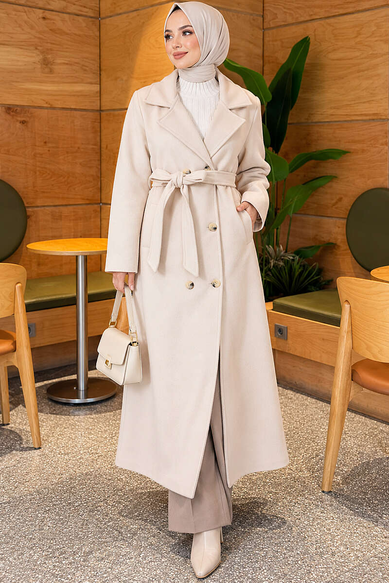Beige Long Coat with Crossover Collar