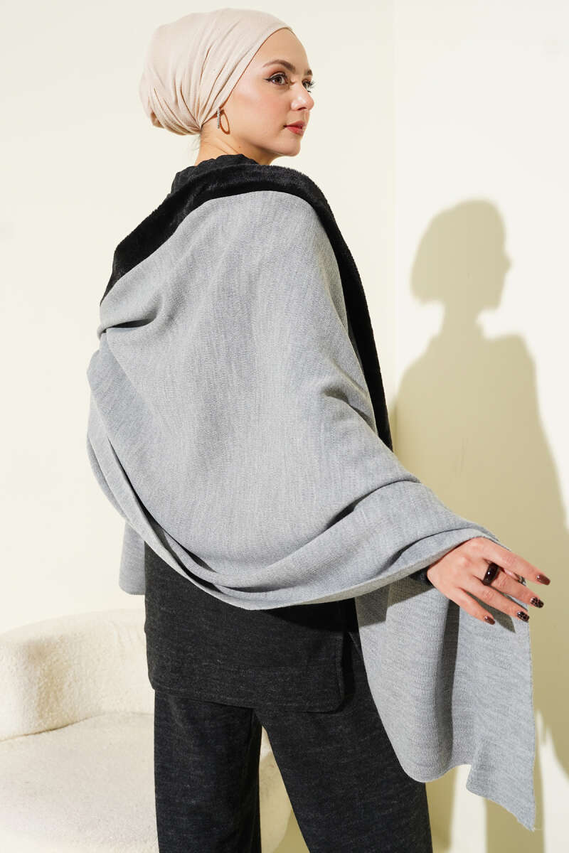 Kürk Detaylı Omuz Şalı Gri