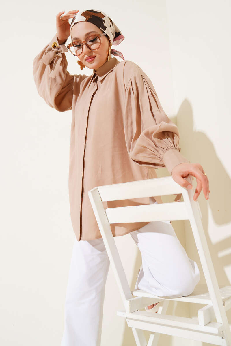 Kuş Gözü Detaylı Balon Kol Gömlek