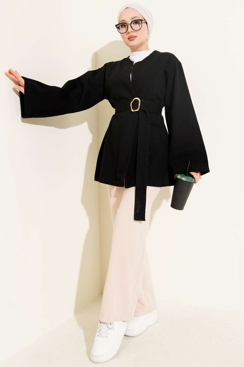 Kuşak Detaylı Kimono Siyah