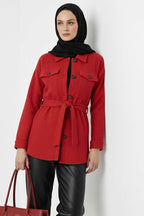 Kuşaklı Düğmeli Kaşe Ceket Kırmızı