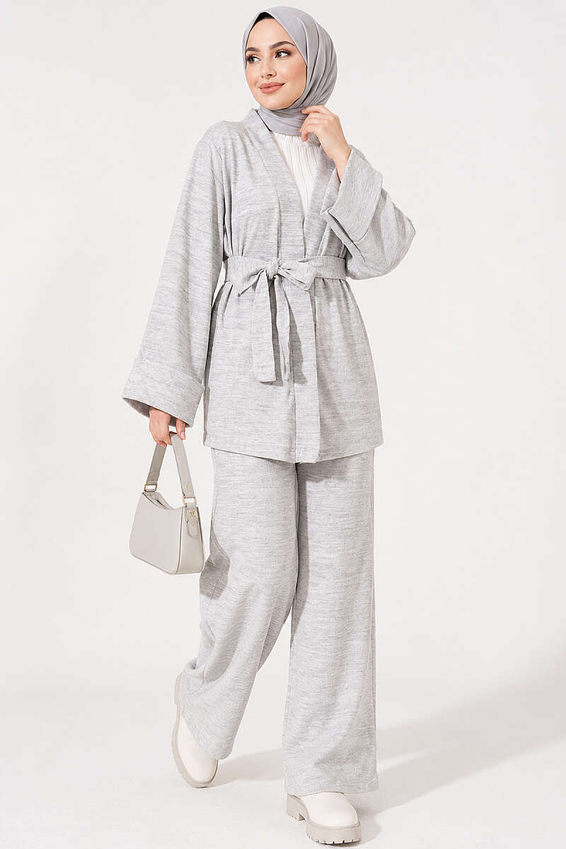 Belted Wide Sleeve Two-Piece Set Anthracite