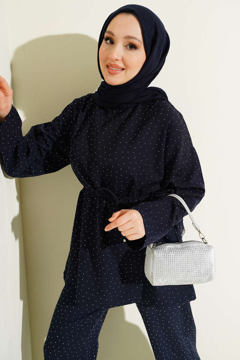 Kuşaklı Mini Taşlı İkili Takım Lacivert
