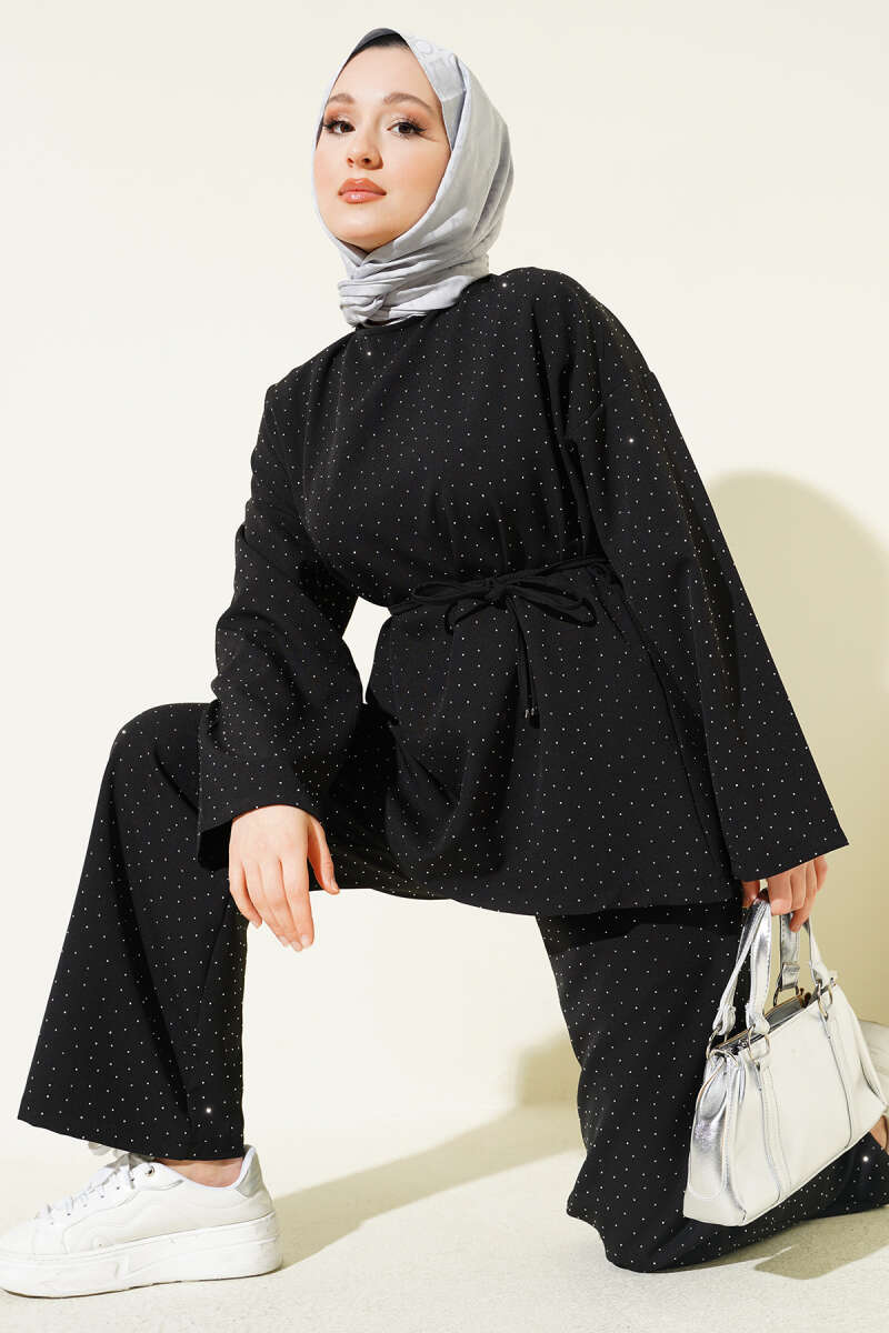 Kuşaklı Mini Taşlı İkili Takım Siyah