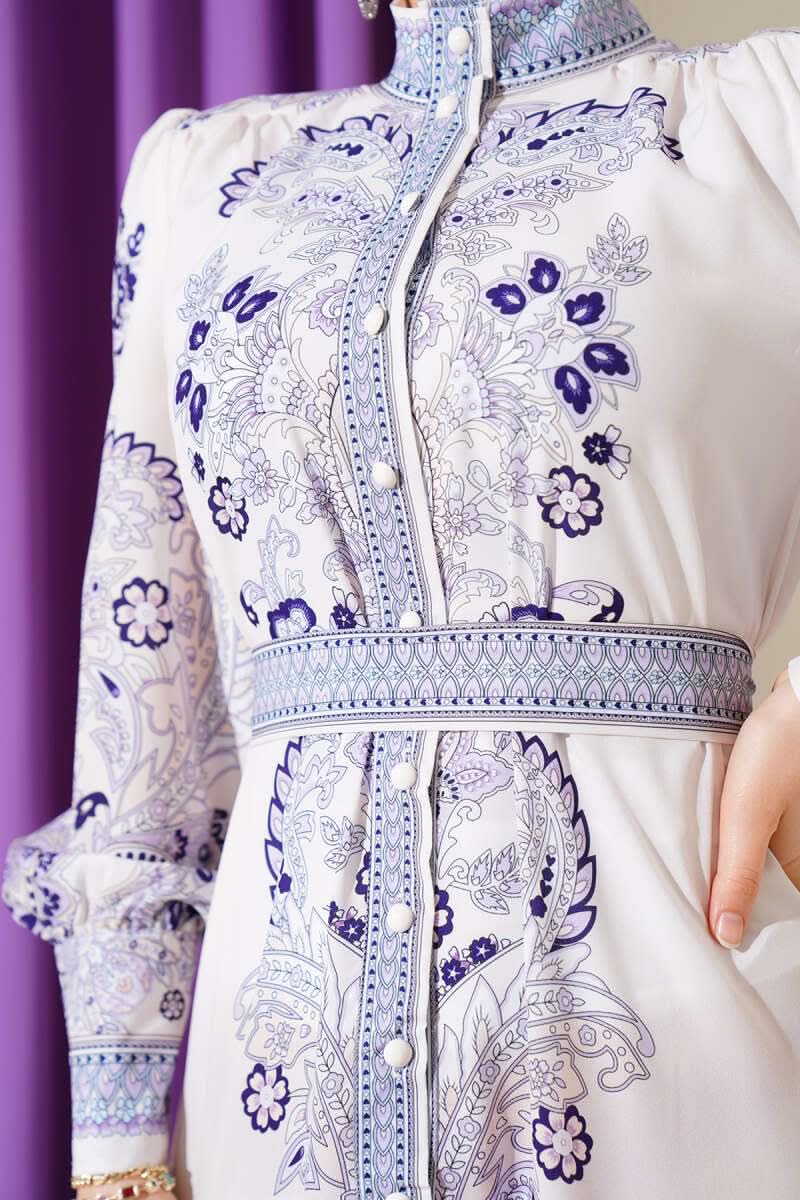Kuşaklı Retro Desen Düğmeli Elbise