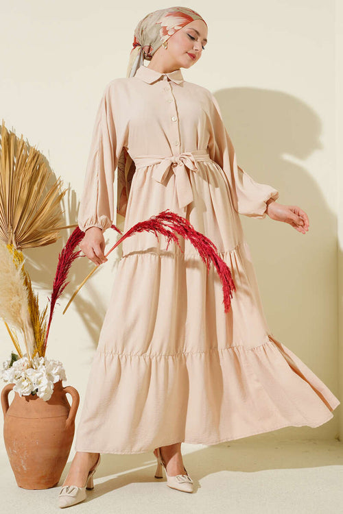 Kuşaklı Yarım Düğmeli Kat Elbise