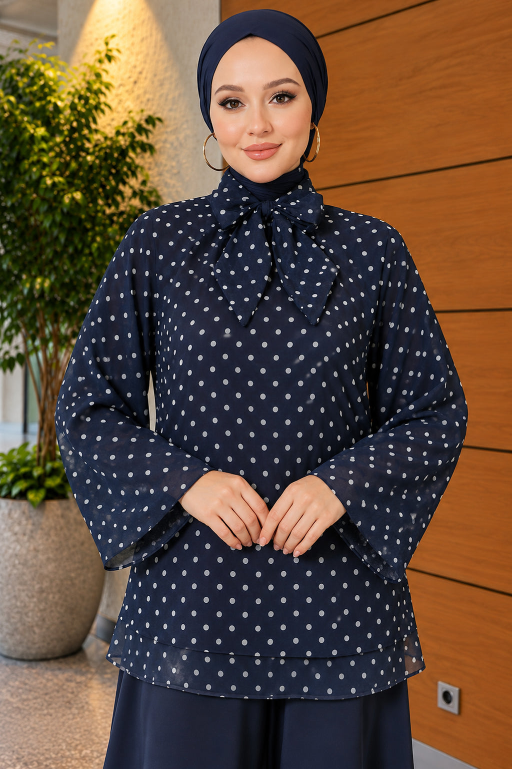 Chiffon Tunic with Polka Dot Collar Ties