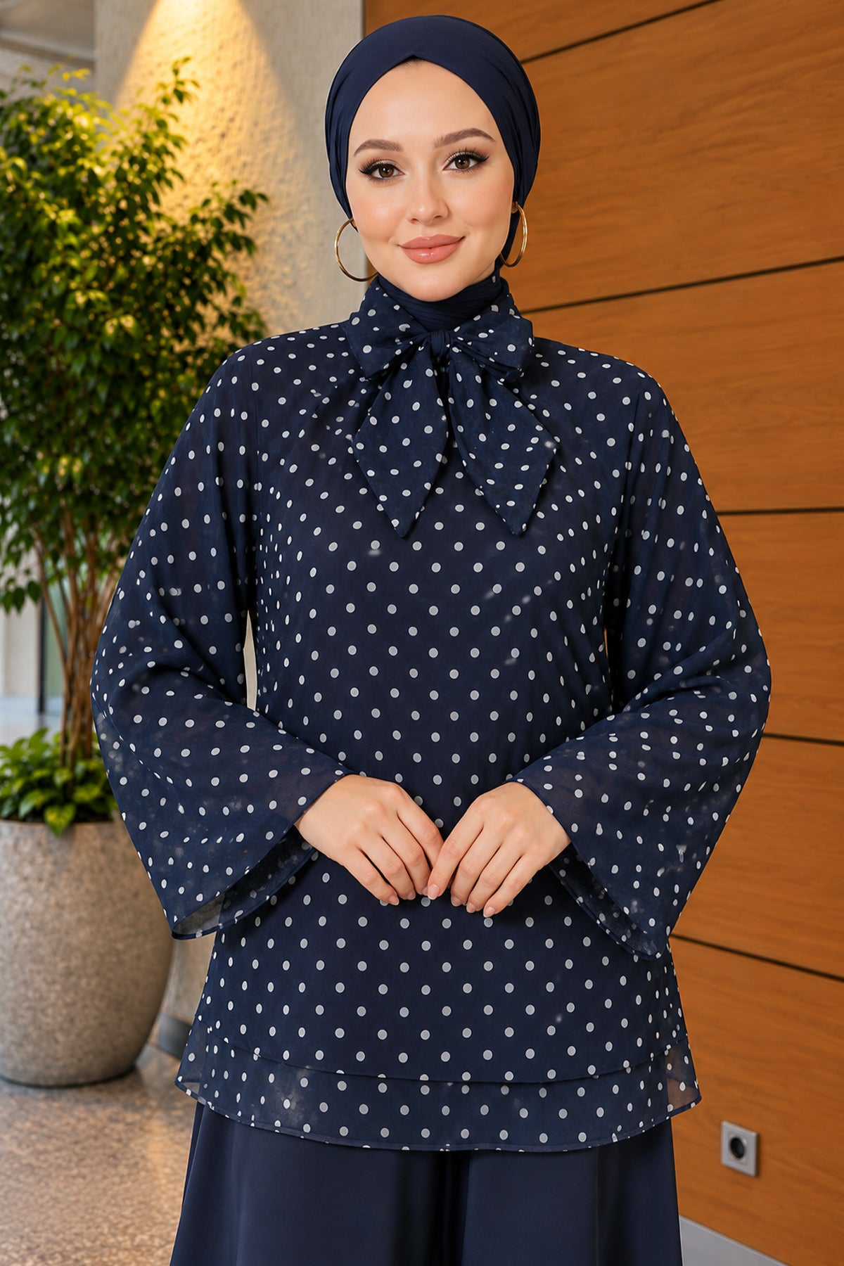 Chiffon Tunic with Polka Dot Collar Ties
