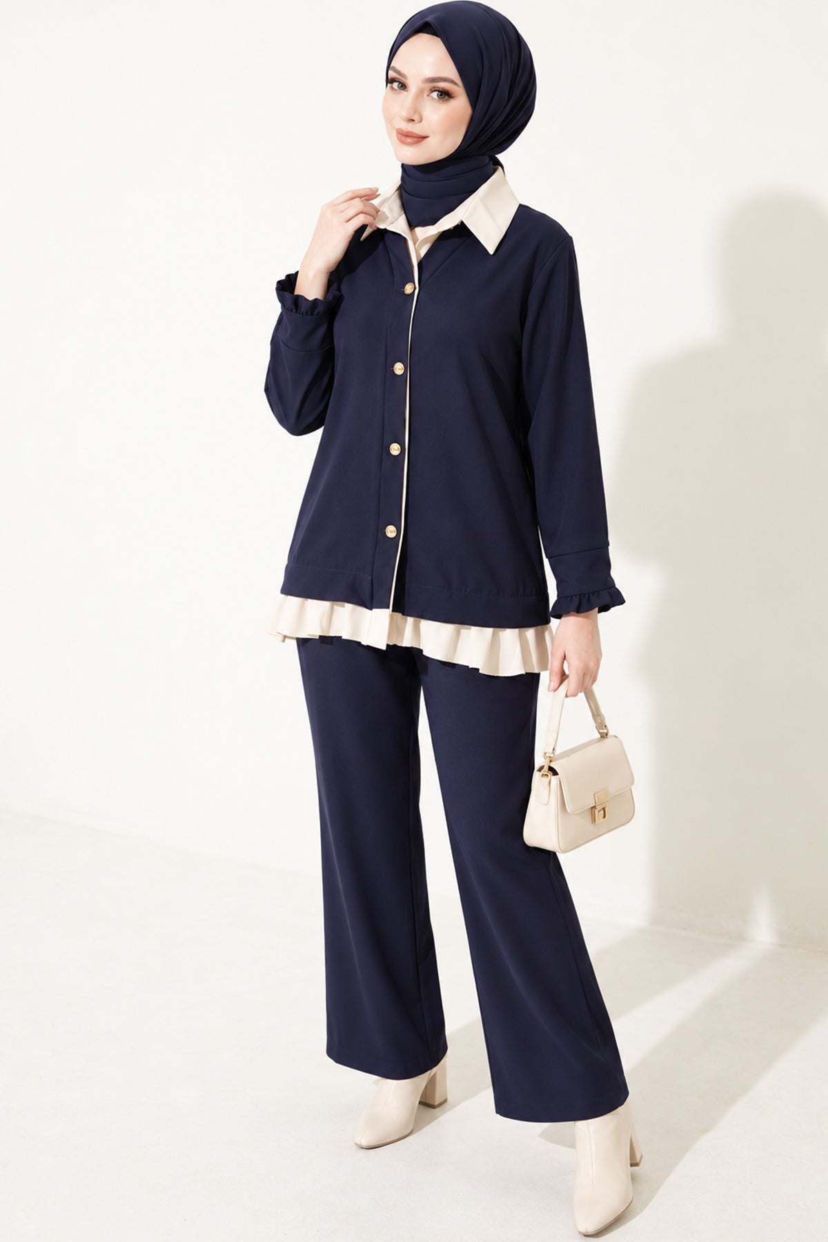 Pleated Detailed Gathered Two-Piece Set Beige