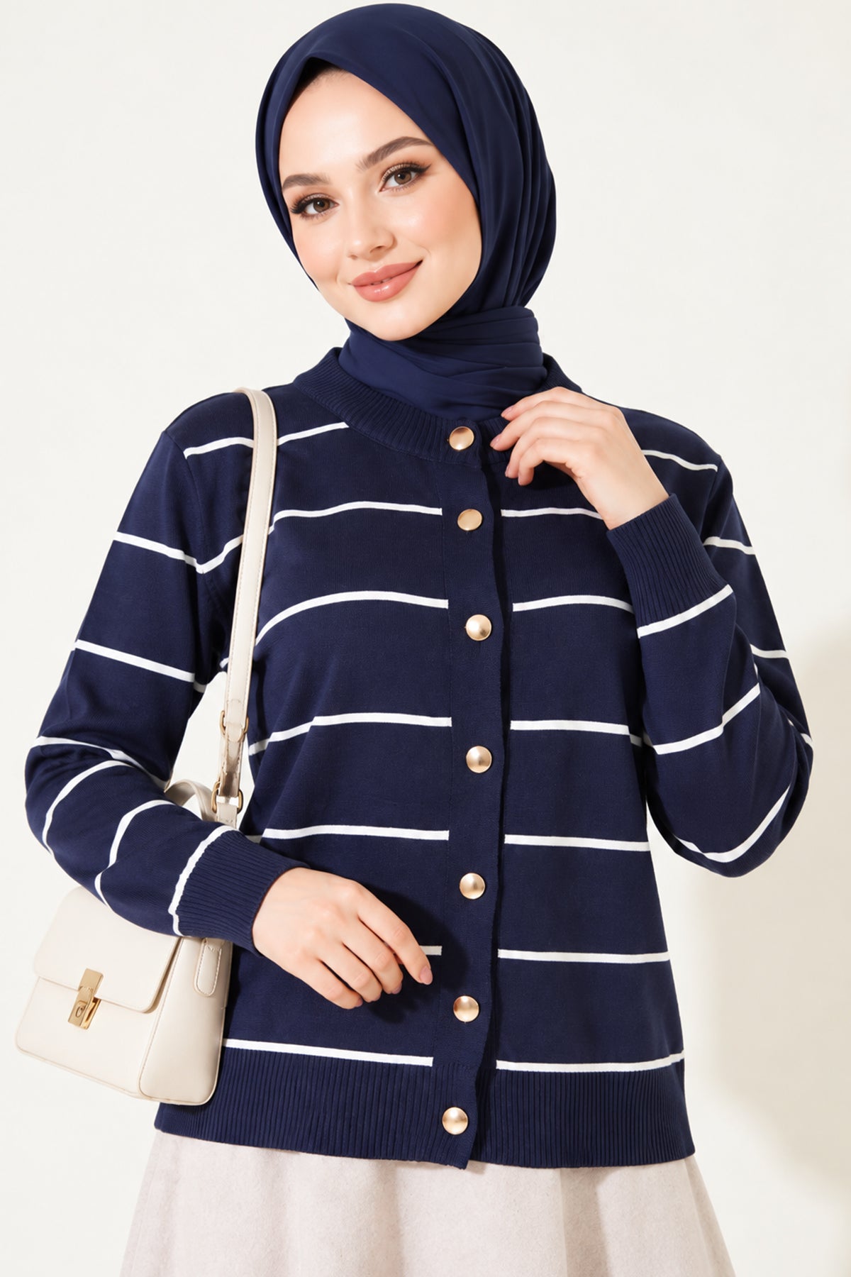 Gold Buttoned Striped Mercerized Cardigan White