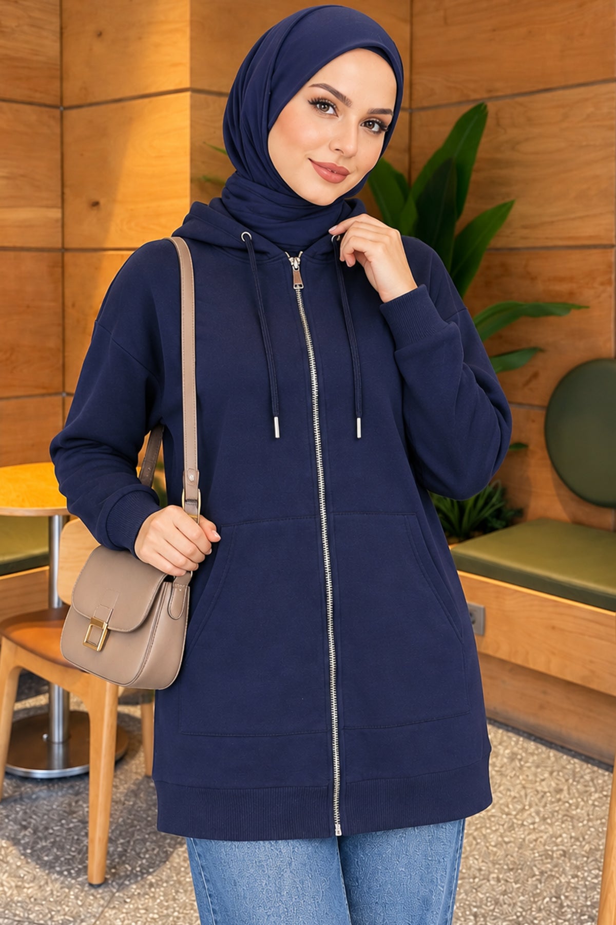 Hooded Loose Zip-Up Cardigan Brown