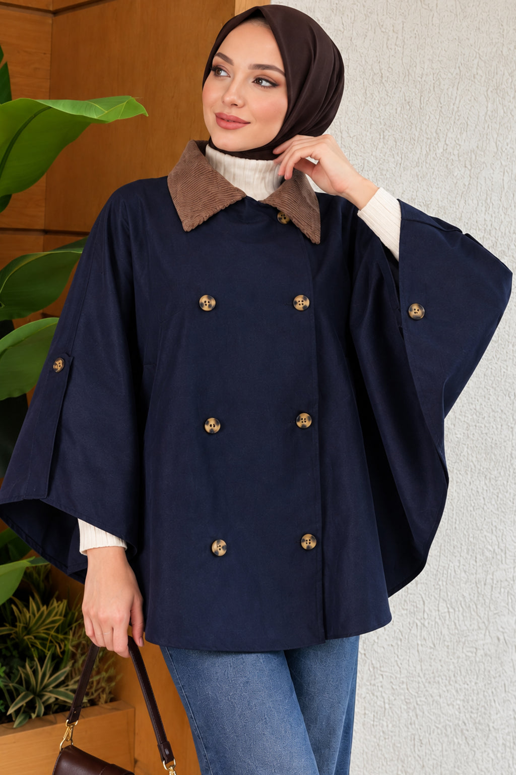 Velvet Collar Buttoned Poncho Coffee