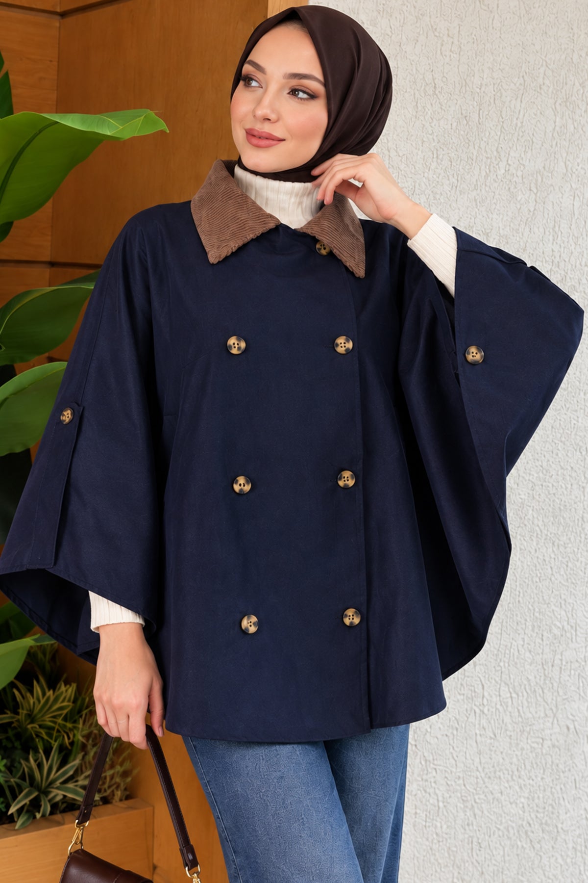 Velvet Collar Buttoned Poncho Coffee