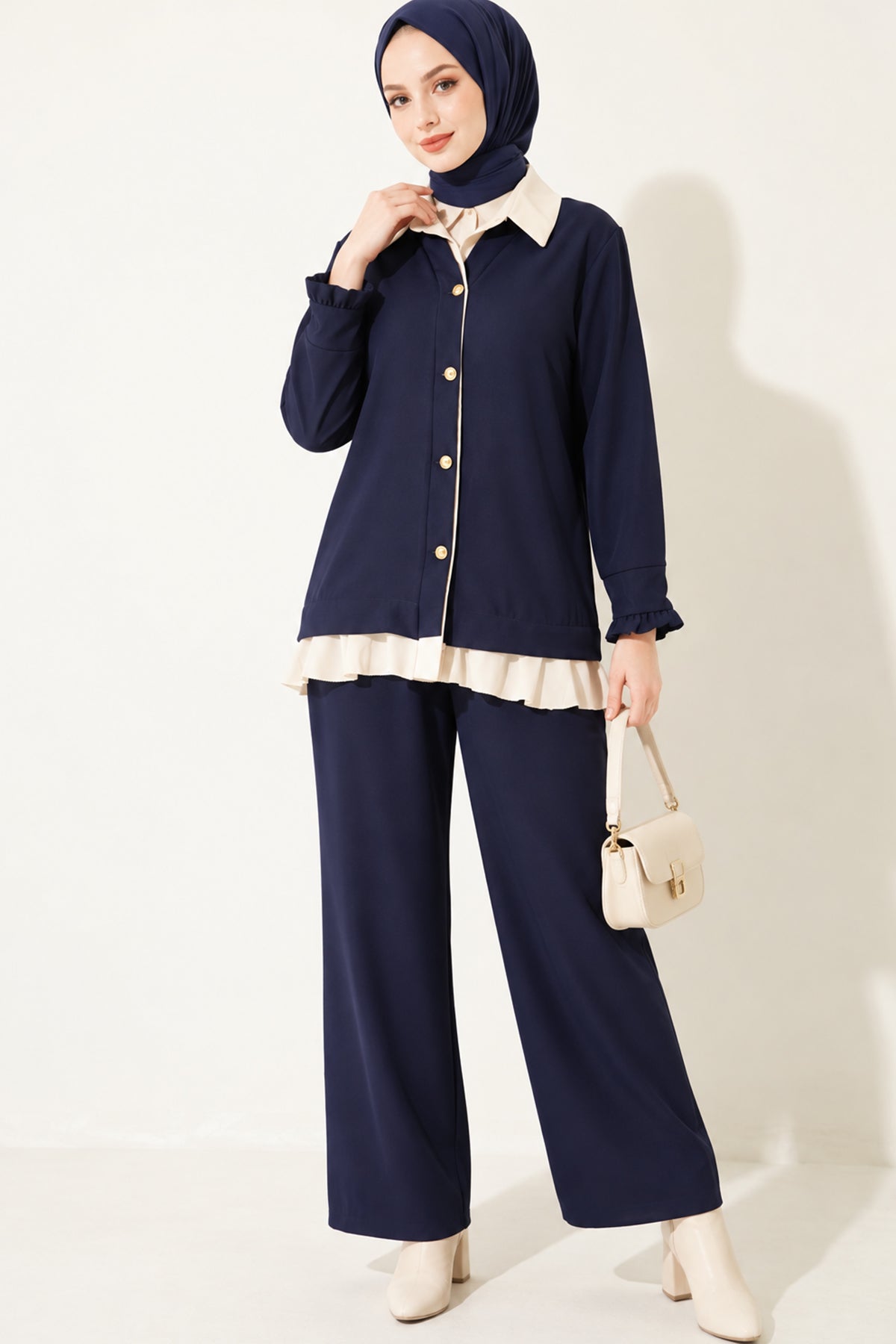 Pleated Detailed Gathered Two-Piece Set Beige