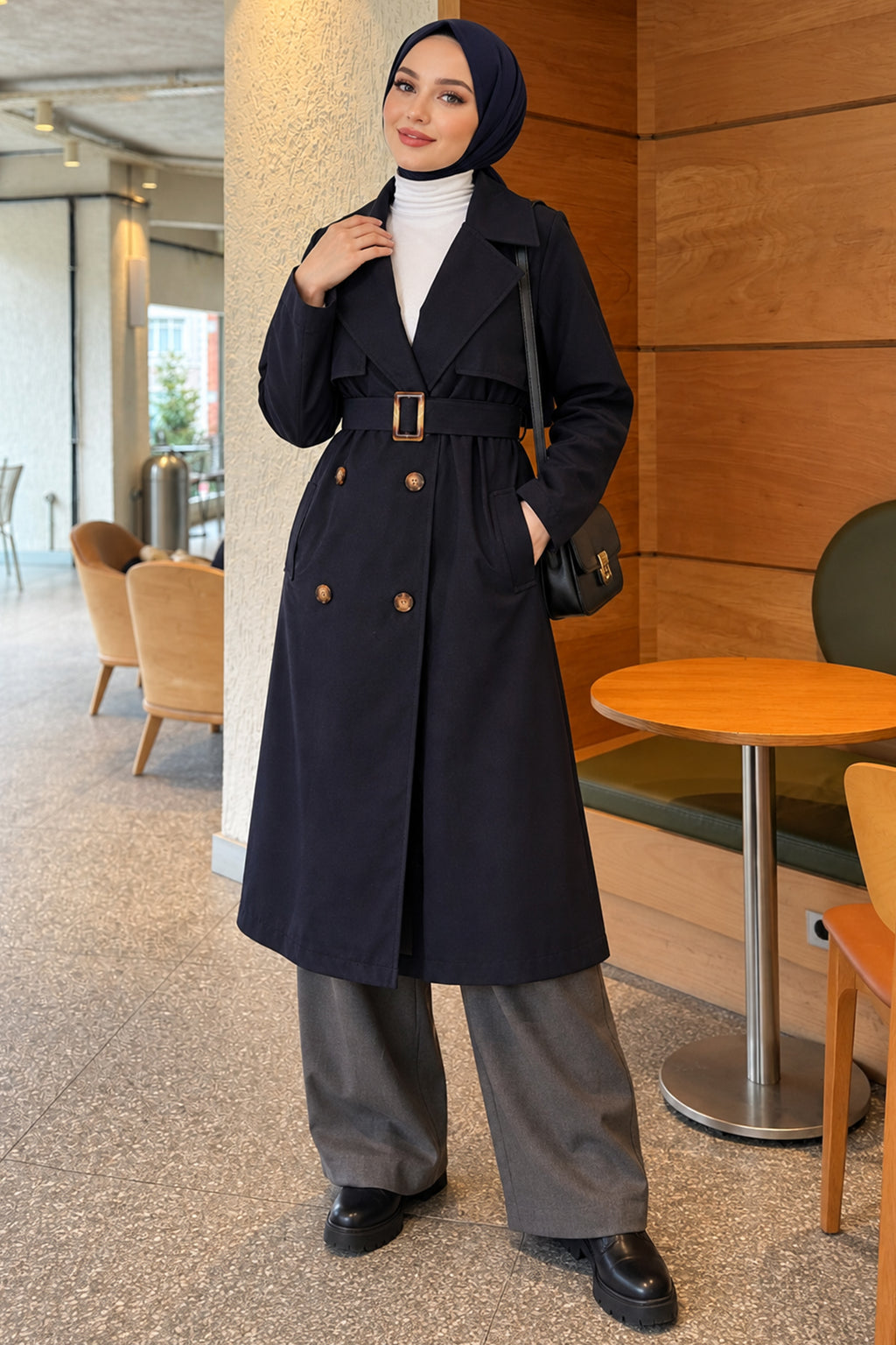 Cross Collar Pocketed Belted Trenchcoat Beige