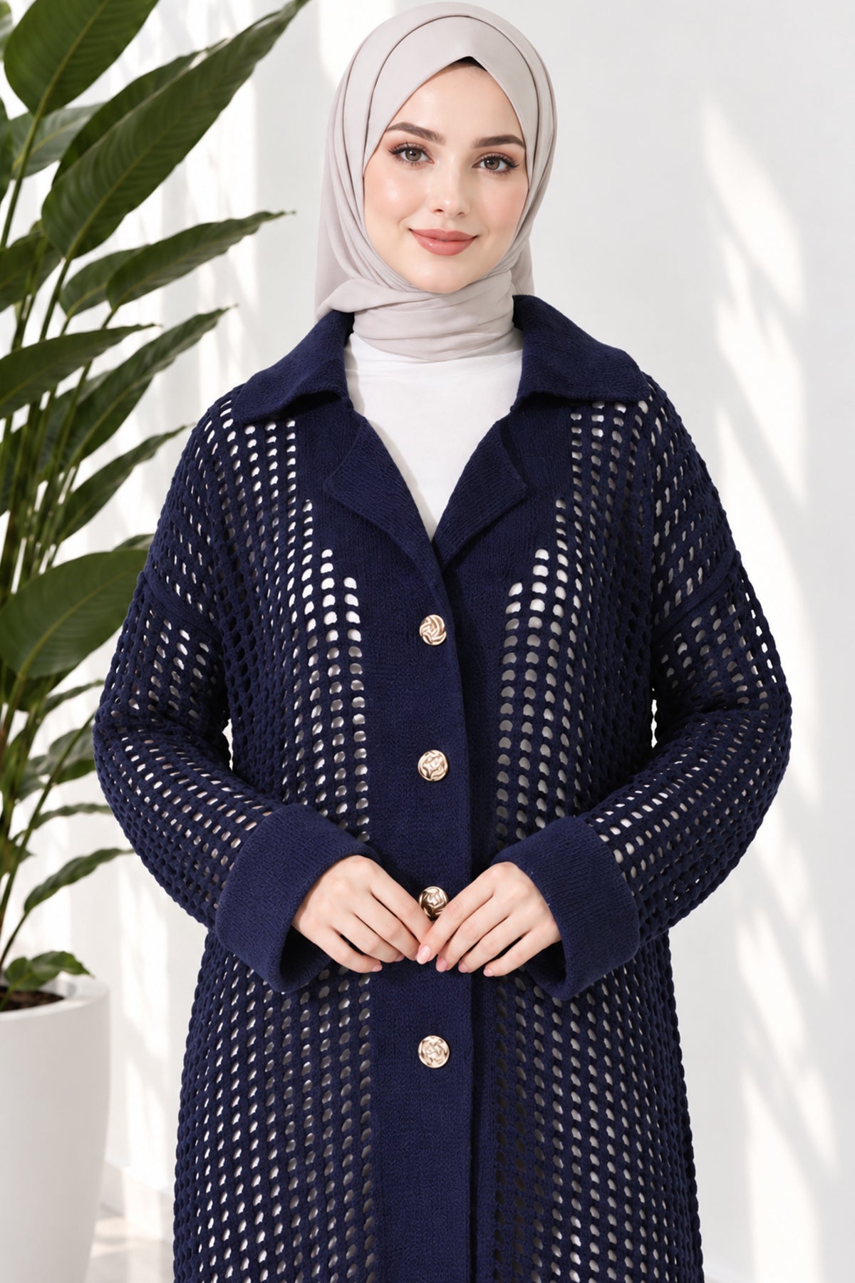 Openwork Button Detailed Knit Cardigan Beige