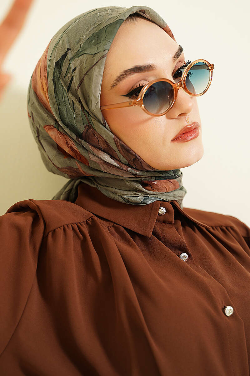 Lale Desen Bambu Kraş Eşarp Haki
