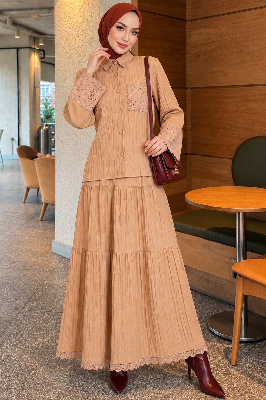 Crinkle Skirt Double Set with Pocket and Wrist Brodge