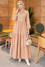 Front Ruched Floral Pattern Dress Latte