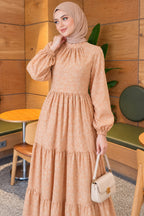 Front Ruched Floral Pattern Dress Latte
