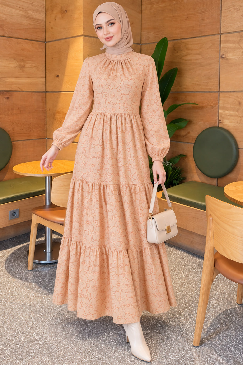 Front Ruched Floral Pattern Dress Latte
