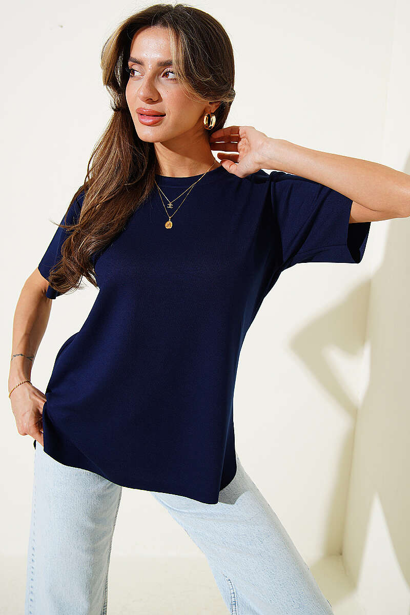 Lazer Kesimli Basic  T-shirt Lacivert