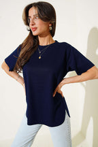 Lazer Kesimli Basic  T-shirt Lacivert