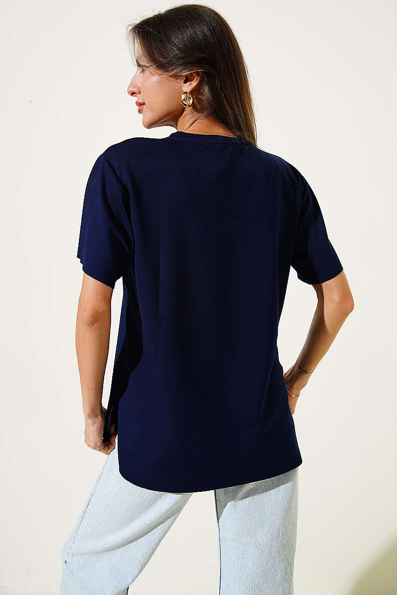 Lazer Kesimli Basic  T-shirt Lacivert
