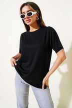 Lazer Kesimli Basic T-shirt Siyah