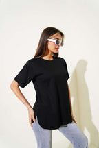 Lazer Kesimli Basic T-shirt Siyah