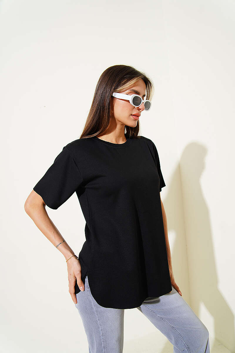 Lazer Kesimli Basic T-shirt Siyah